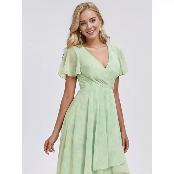 imageEverPretty Womens Chiffon Formal Dresses V Neck Ruffle Sleeves Pleated High Low Summer Wedding Guest DressLight Green Roses