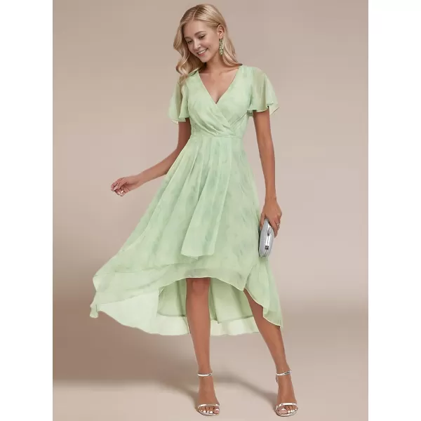 imageEverPretty Womens Chiffon Formal Dresses V Neck Ruffle Sleeves Pleated High Low Summer Wedding Guest DressLight Green Roses