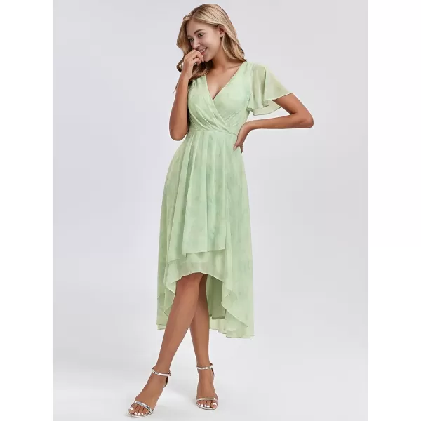 imageEverPretty Womens Chiffon Formal Dresses V Neck Ruffle Sleeves Pleated High Low Summer Wedding Guest DressLight Green Roses