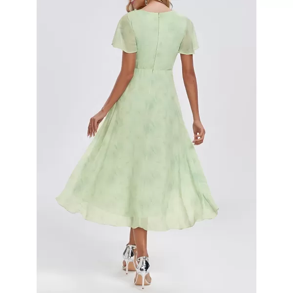 imageEverPretty Womens Chiffon Formal Dresses V Neck Ruffle Sleeves Pleated High Low Summer Wedding Guest DressLight Green Roses