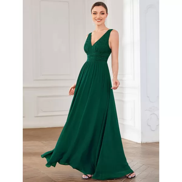 imageEverPretty Womens Double VNeck Elastic Lace Sleeveless Chiffon ALine Maxi Evening Gowns 0163ADark Green