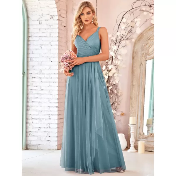 imageEverPretty Womens Elegant V Neck Sash Waist ALine Maxi Tulle Wrap Dress Bridesmaid Dresses 07303USADenim Blue