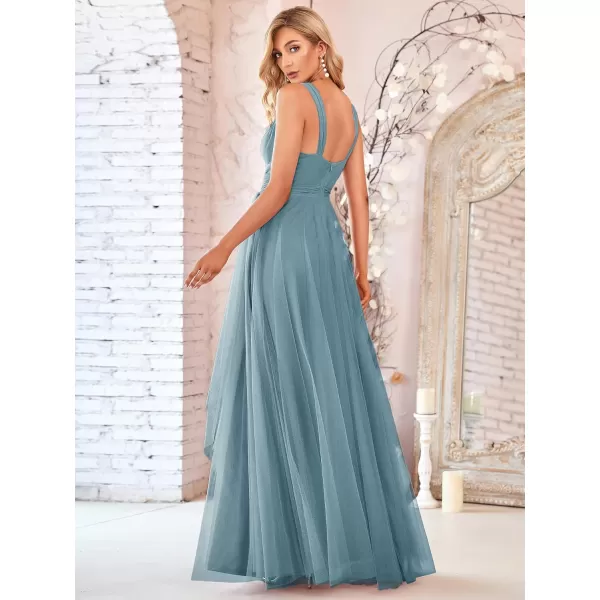 imageEverPretty Womens Elegant V Neck Sash Waist ALine Maxi Tulle Wrap Dress Bridesmaid Dresses 07303USADenim Blue