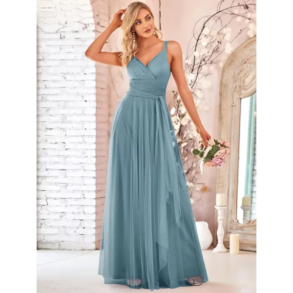 imageEverPretty Womens Elegant V Neck Sash Waist ALine Maxi Tulle Wrap Dress Bridesmaid Dresses 07303USADenim Blue