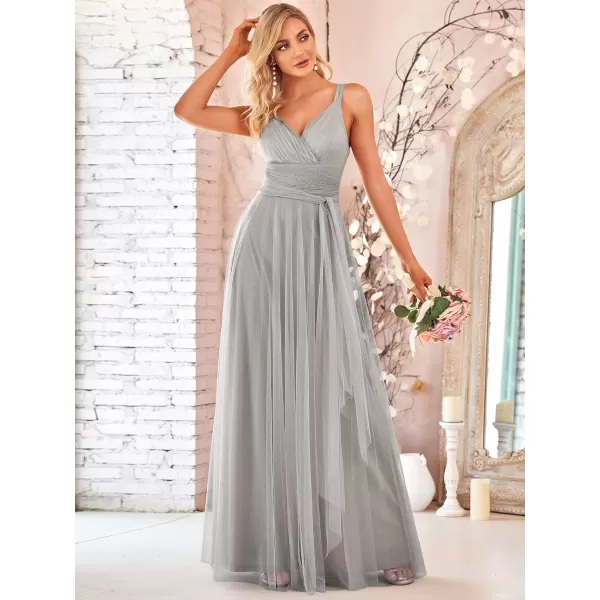 imageEverPretty Womens Elegant V Neck Sash Waist ALine Maxi Tulle Wrap Dress Bridesmaid Dresses 07303USAGray