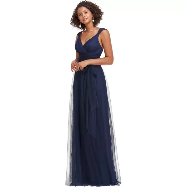 imageEverPretty Womens Elegant V Neck Sash Waist ALine Maxi Tulle Wrap Dress Bridesmaid Dresses 07303USANavy Blue