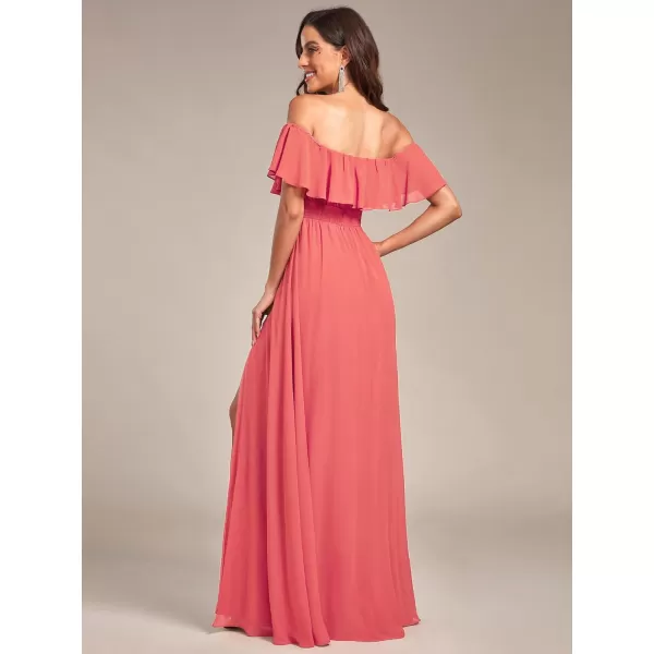 imageEverPretty Womens Off The Shoulder Bridesmaid Dresses Side Split Beach Maxi Formal Dress 00968Coral