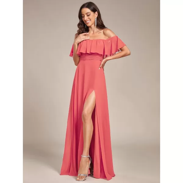 imageEverPretty Womens Off The Shoulder Bridesmaid Dresses Side Split Beach Maxi Formal Dress 00968Coral