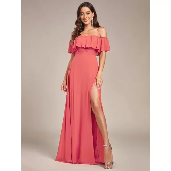 imageEverPretty Womens Off The Shoulder Bridesmaid Dresses Side Split Beach Maxi Formal Dress 00968Coral