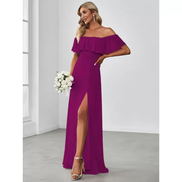 imageEverPretty Womens Off The Shoulder Bridesmaid Dresses Side Split Beach Maxi Formal Dress 00968Fuchsia