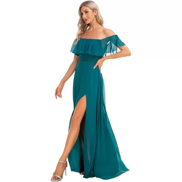 imageEverPretty Womens Off The Shoulder Bridesmaid Dresses Side Split Beach Maxi Formal Dress 00968Teal