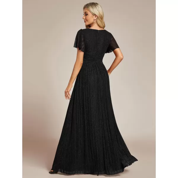 imageEverPretty Womens Summer Wedding Guest Dress Glitter V Neck Pleated Short Sleeves Evening Mother Dresses 11961Black