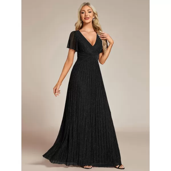 imageEverPretty Womens Summer Wedding Guest Dress Glitter V Neck Pleated Short Sleeves Evening Mother Dresses 11961Black