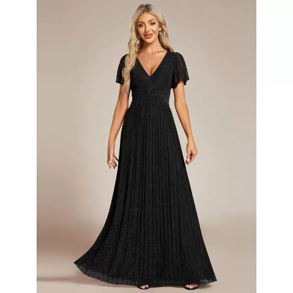 imageEverPretty Womens Summer Wedding Guest Dress Glitter V Neck Pleated Short Sleeves Evening Mother Dresses 11961Black