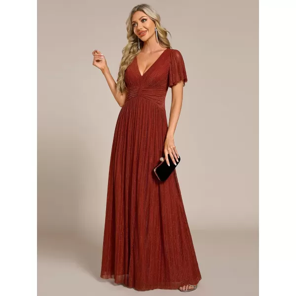 imageEverPretty Womens Summer Wedding Guest Dress Glitter V Neck Pleated Short Sleeves Evening Mother Dresses 11961Burnt Orange