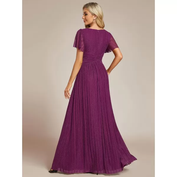 imageEverPretty Womens Summer Wedding Guest Dress Glitter V Neck Pleated Short Sleeves Evening Mother Dresses 11961Purple Wisteria