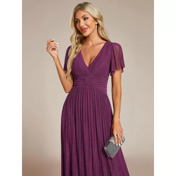 imageEverPretty Womens Summer Wedding Guest Dress Glitter V Neck Pleated Short Sleeves Evening Mother Dresses 11961Purple Wisteria