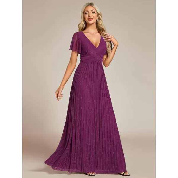 imageEverPretty Womens Summer Wedding Guest Dress Glitter V Neck Pleated Short Sleeves Evening Mother Dresses 11961Purple Wisteria