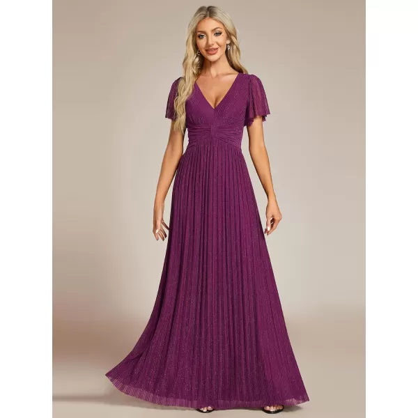 imageEverPretty Womens Summer Wedding Guest Dress Glitter V Neck Pleated Short Sleeves Evening Mother Dresses 11961Purple Wisteria