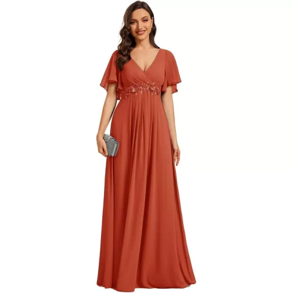 imageEverPretty Womens Chiffon ALine Ruched Short Sleeves Applique Waist V Neck Mother of The Bride DressesBurnt Orange