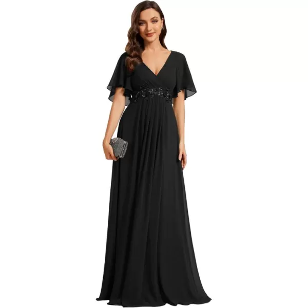 imageEverPretty Womens Chiffon ALine Ruched Short Sleeves Applique Waist V Neck Mother of The Bride DressesCblack