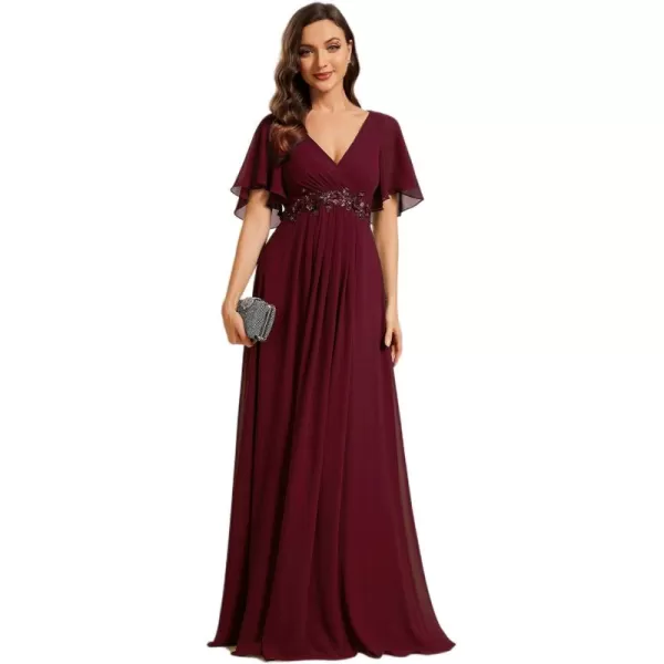 imageEverPretty Womens Chiffon ALine Ruched Short Sleeves Applique Waist V Neck Mother of The Bride DressesCburgundy