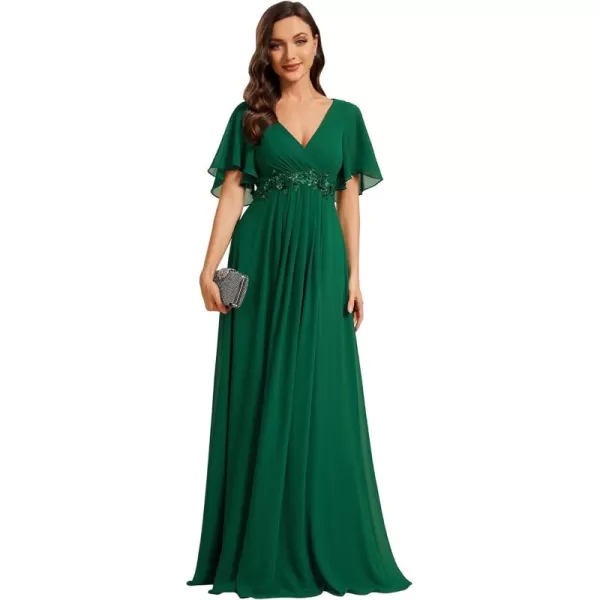 imageEverPretty Womens Chiffon ALine Ruched Short Sleeves Applique Waist V Neck Mother of The Bride DressesCdeep Green