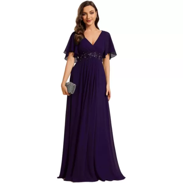 imageEverPretty Womens Chiffon ALine Ruched Short Sleeves Applique Waist V Neck Mother of The Bride DressesCdeep Purple