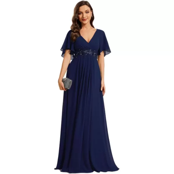 imageEverPretty Womens Chiffon ALine Ruched Short Sleeves Applique Waist V Neck Mother of The Bride DressesCnavy Blue