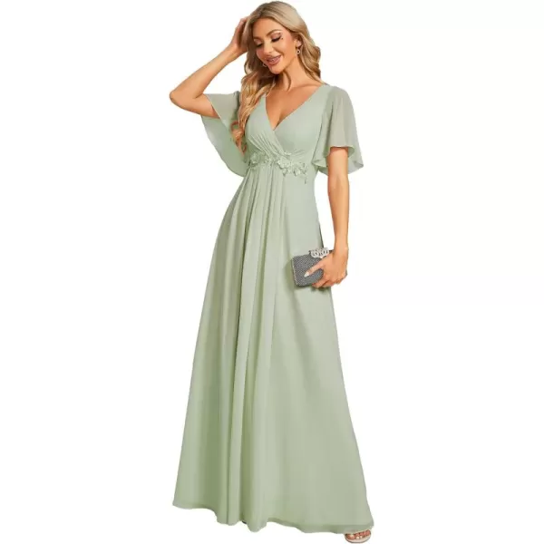 imageEverPretty Womens Chiffon ALine Ruched Short Sleeves Applique Waist V Neck Mother of The Bride DressesMint Green