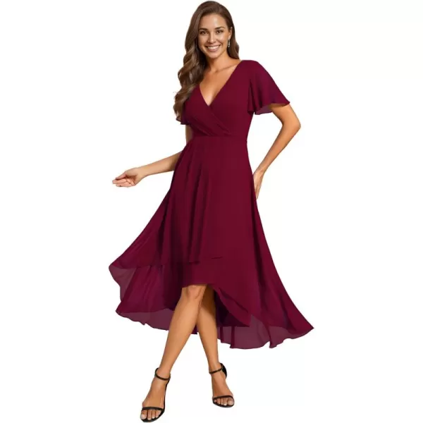 imageEverPretty Womens Chiffon Formal Dresses V Neck Ruffle Sleeves Pleated High Low Summer Wedding Guest DressAburgundy