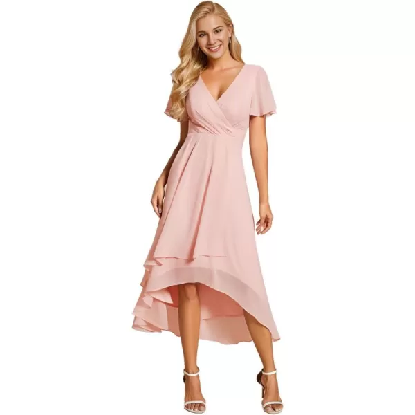 imageEverPretty Womens Chiffon Formal Dresses V Neck Ruffle Sleeves Pleated High Low Summer Wedding Guest DressApink