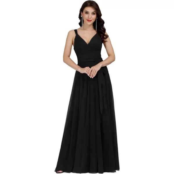 imageEverPretty Womens Elegant V Neck Sash Waist ALine Maxi Tulle Wrap Dress Bridesmaid Dresses 07303USABlack