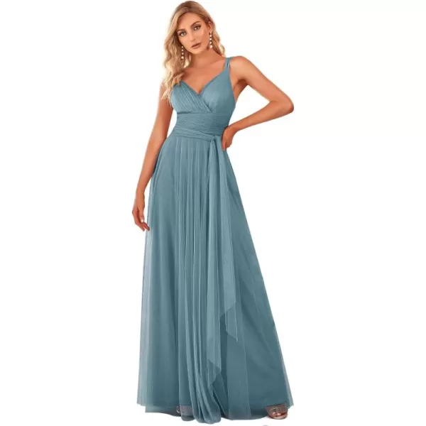 imageEverPretty Womens Elegant V Neck Sash Waist ALine Maxi Tulle Wrap Dress Bridesmaid Dresses 07303USADenim Blue