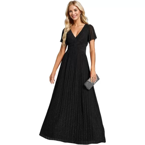 imageEverPretty Womens Summer Wedding Guest Dress Glitter V Neck Pleated Short Sleeves Evening Mother Dresses 11961Black