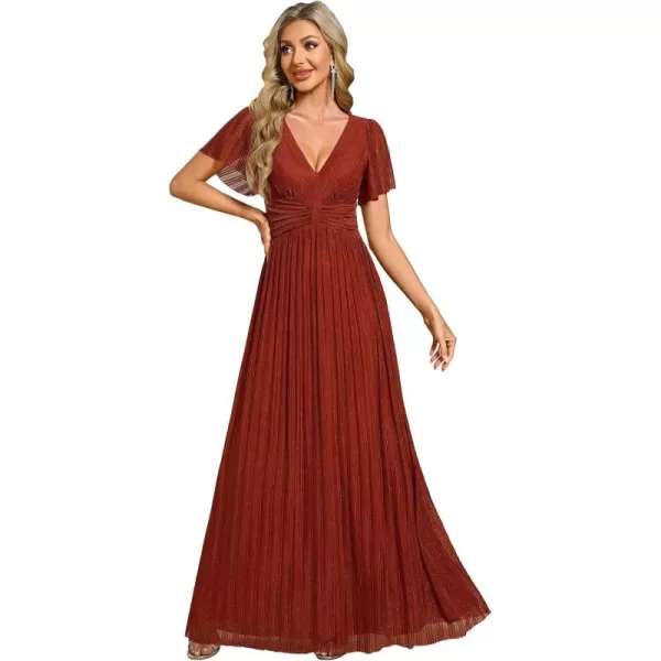 imageEverPretty Womens Summer Wedding Guest Dress Glitter V Neck Pleated Short Sleeves Evening Mother Dresses 11961Burnt Orange