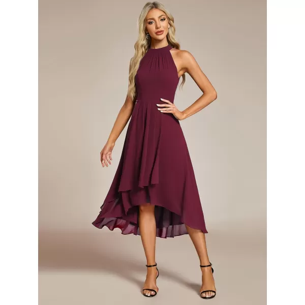 imageEverPretty Womens 2024 Summer Dress Sleeveless Halter Neck Pletaed High Low Chiffon Formal Dress for Evening Party 31926Burgundy