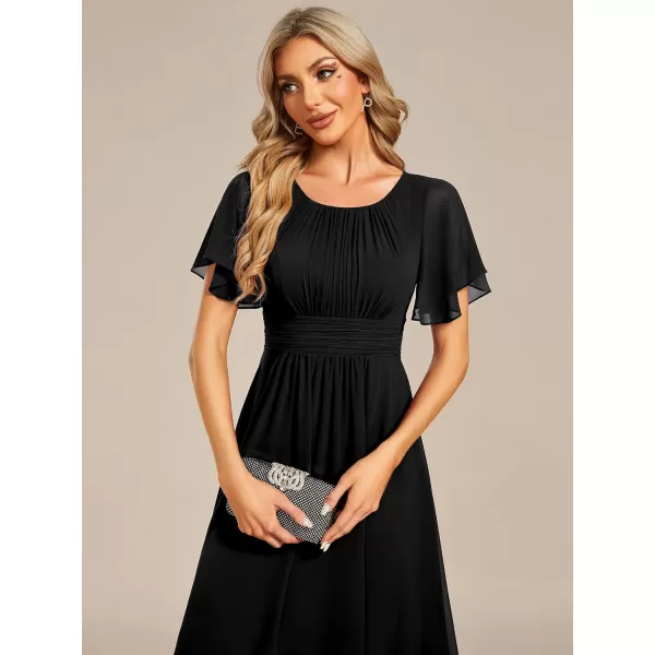 imageEverPretty Womens Crew Neck Pleated Waist Short Sleeve Wedding Guest Dress Chiffon Bridesmaid Dresses 02053Black