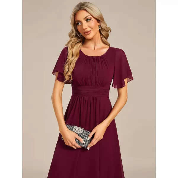 imageEverPretty Womens Crew Neck Pleated Waist Short Sleeve Wedding Guest Dress Chiffon Bridesmaid Dresses 02053Burgundy