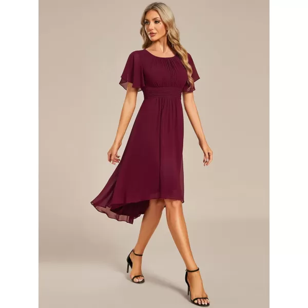 imageEverPretty Womens Crew Neck Pleated Waist Short Sleeve Wedding Guest Dress Chiffon Bridesmaid Dresses 02053Burgundy