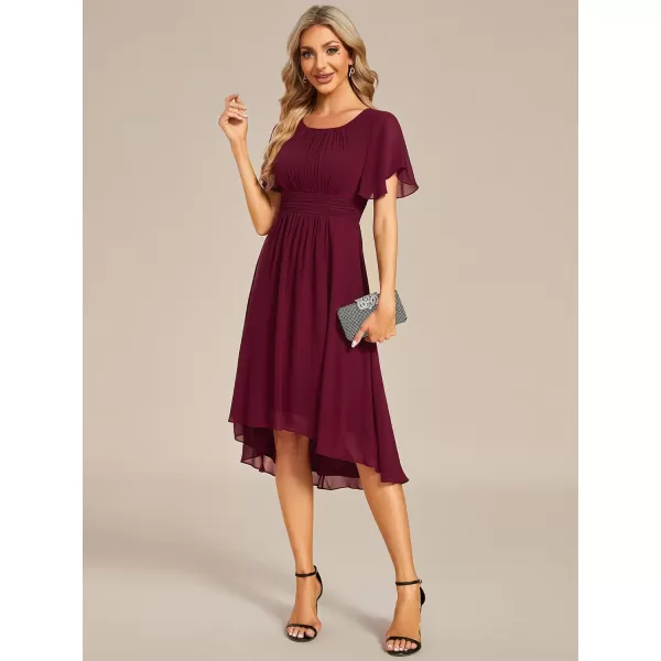 imageEverPretty Womens Crew Neck Pleated Waist Short Sleeve Wedding Guest Dress Chiffon Bridesmaid Dresses 02053Burgundy