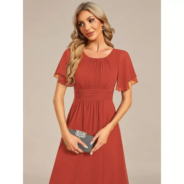 imageEverPretty Womens Crew Neck Pleated Waist Short Sleeve Wedding Guest Dress Chiffon Bridesmaid Dresses 02053Burnt Orange