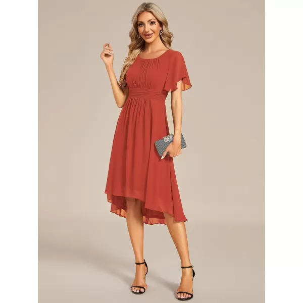 imageEverPretty Womens Crew Neck Pleated Waist Short Sleeve Wedding Guest Dress Chiffon Bridesmaid Dresses 02053Burnt Orange