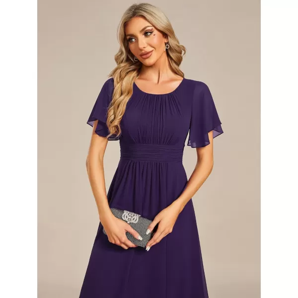 imageEverPretty Womens Crew Neck Pleated Waist Short Sleeve Wedding Guest Dress Chiffon Bridesmaid Dresses 02053Deep Purple