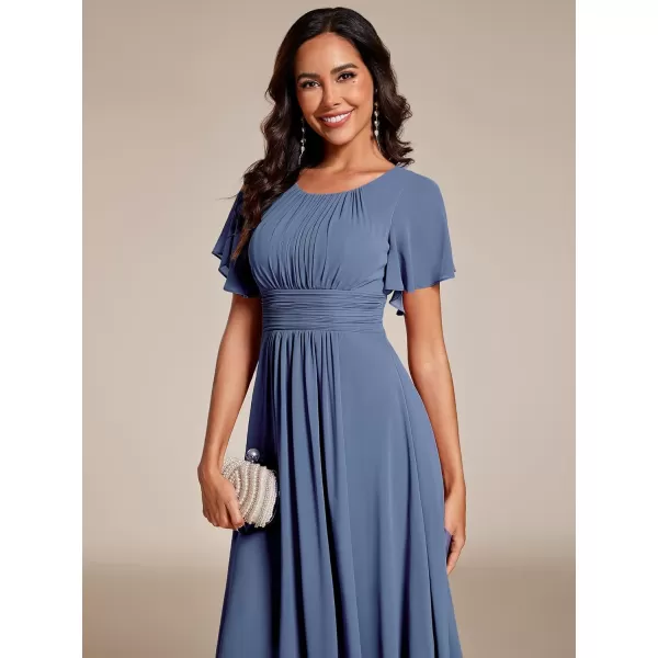 imageEverPretty Womens Crew Neck Pleated Waist Short Sleeve Wedding Guest Dress Chiffon Bridesmaid Dresses 02053Dusty Navy