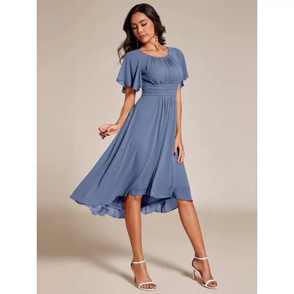 imageEverPretty Womens Crew Neck Pleated Waist Short Sleeve Wedding Guest Dress Chiffon Bridesmaid Dresses 02053Dusty Navy