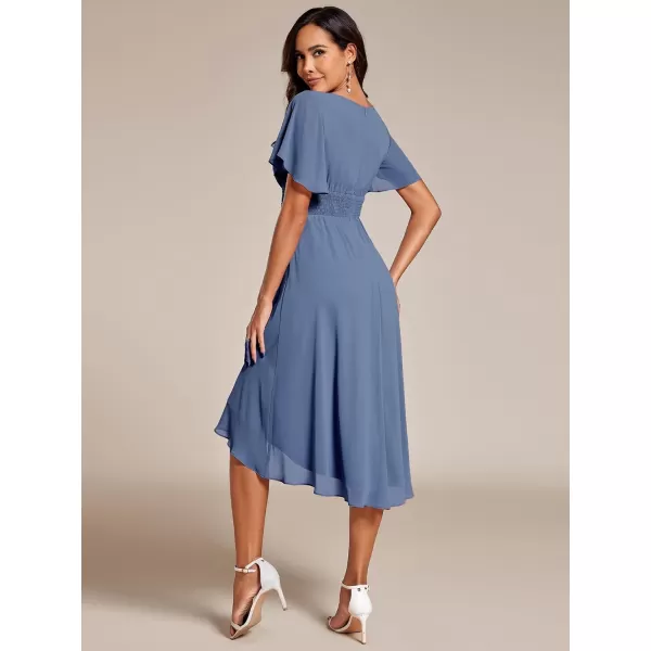 imageEverPretty Womens Crew Neck Pleated Waist Short Sleeve Wedding Guest Dress Chiffon Bridesmaid Dresses 02053Dusty Navy