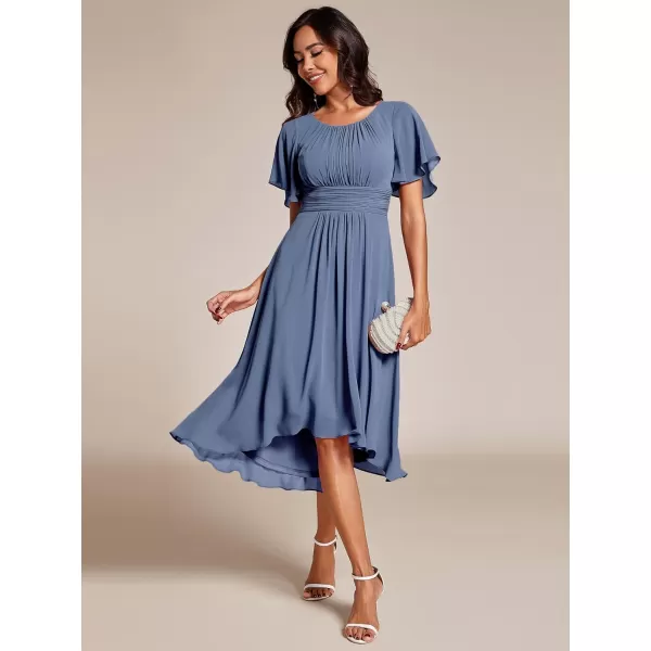 imageEverPretty Womens Crew Neck Pleated Waist Short Sleeve Wedding Guest Dress Chiffon Bridesmaid Dresses 02053Dusty Navy