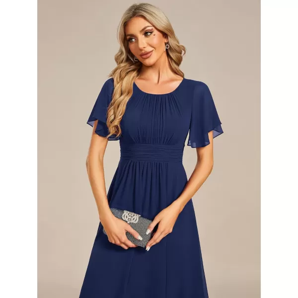 imageEverPretty Womens Crew Neck Pleated Waist Short Sleeve Wedding Guest Dress Chiffon Bridesmaid Dresses 02053Navy Blue