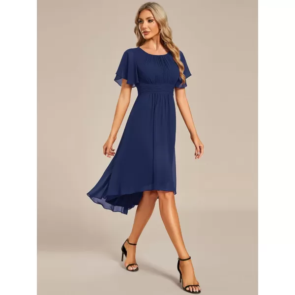 imageEverPretty Womens Crew Neck Pleated Waist Short Sleeve Wedding Guest Dress Chiffon Bridesmaid Dresses 02053Navy Blue